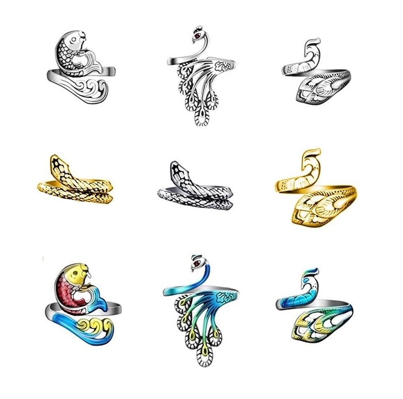 Pingyongchang 9pcs Vintage Adjustable Knitting Loop Crochet Ring  Punk Crochet Ring - Knitting Accessories  Snake Peacocks Fish Open Finger Ring/Adjustable Braided Ring for Faster Knitting Best Women Men Rings - Image 1